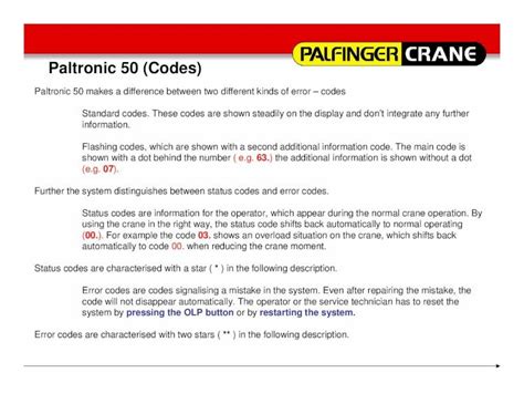 lifting capacity. . Palfinger crane fault codes
